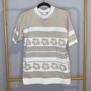 Vintage Knit Floral Striped Short Sleeve Tan and White Tropical Flowers Sweater